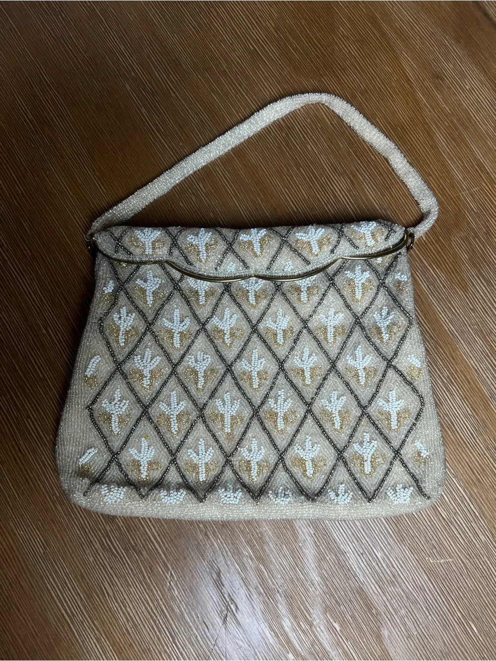 Vintage Cream White Beaded Beige Evening Shoulder Purse Western